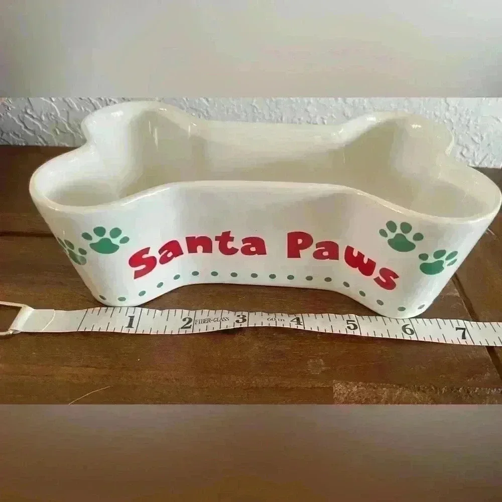 Santa paws ceramic bone shaped Water/Food/Treat Bowl CHRISTMAS Pet Gift